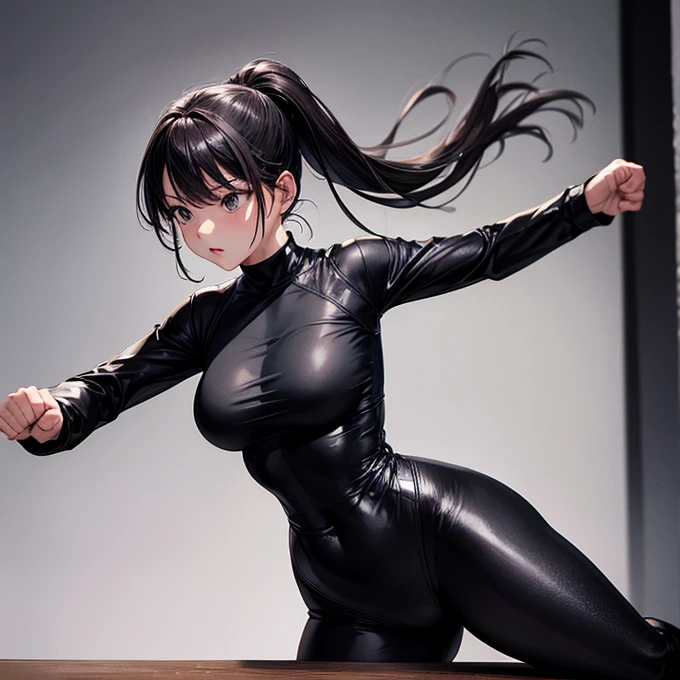 Wearing a tight fitting black bodysuit､Woman doing karate