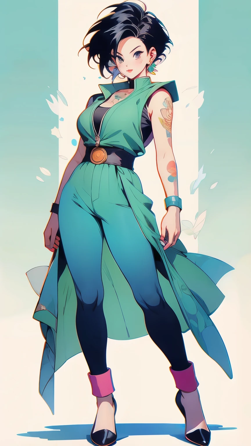 Android 18 from Dragon Ball,Colorful gradient short hair half covering the face,Exquisite facial features,Perfect face shape,Anime style face,Smile,Printed vest,Fashion长裙,Fashion,Large Breasts:1.4,City background,Full body tattoo,Beautiful tattoos:1.4