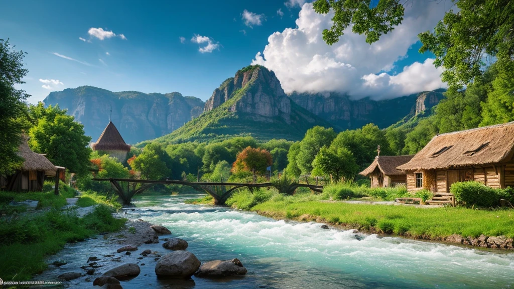Hungarian ancient village, mystical nature, Rivers, Mountains and forests, waterfall, cloud, Photorealistic photos, It's not 8k. Aerial view.