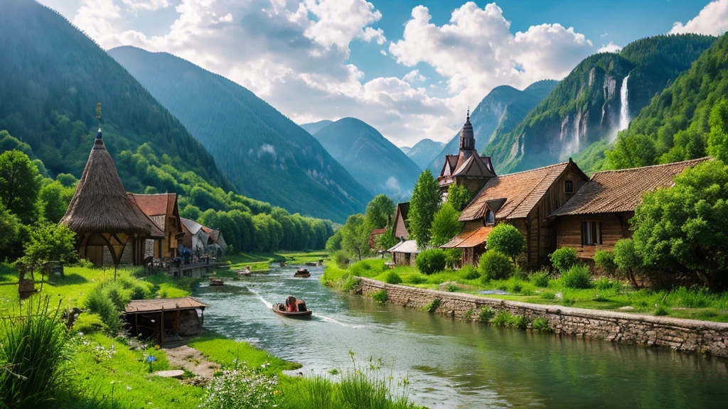 Hungarian ancient village, mystical nature, Rivers, Mountains and forests, waterfall, cloud, Photorealistic photos, It&#39;s not 8k. Aerial view.