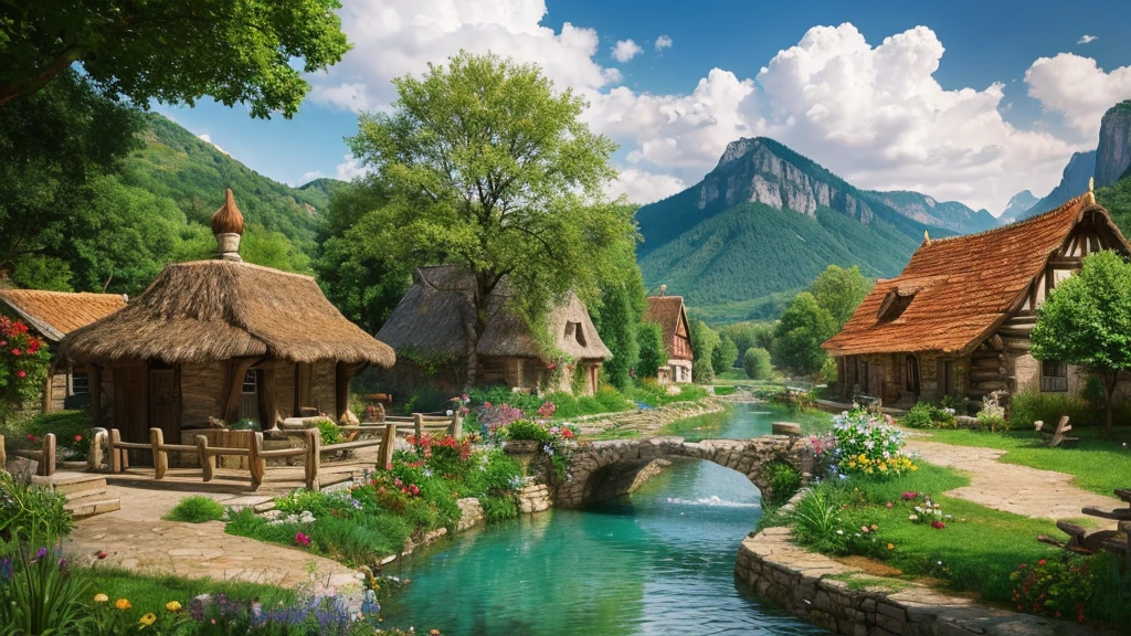 Hungarian ancient village, mystical nature, Rivers, Mountains and forests, waterfall, cloud, Photorealistic photos, It's not 8k. Aerial view.