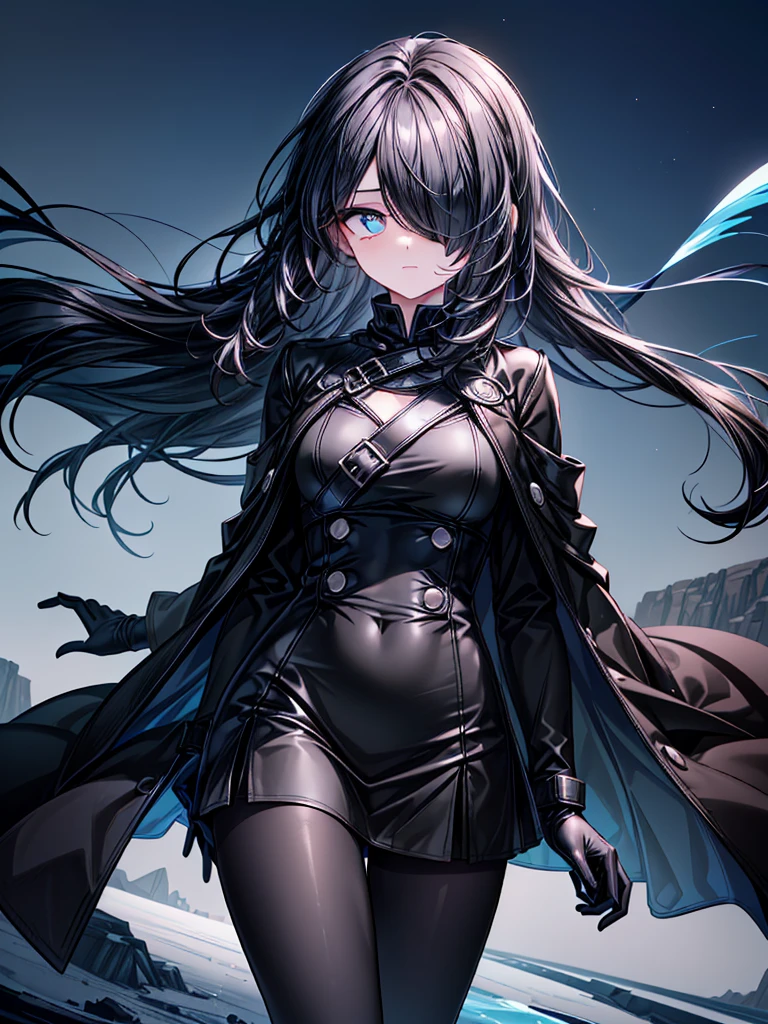 ((spell casting)),((Celestial Glacier)),((masterpiece)),((light particles)),((black micro mini length skirt),((alone)),(Serene),((Deep blue pupils)),((sparkling eyes)),(Beautiful Blue Eyes),((Wearing a black coat)),(((Wearing black tights))),(Slim body),((length, Shiny black hair)),((Her left eye is completely hidden by her bangs)),((Her hair is parted, and you can see her eyes through it)),((Wearing black gloves)),((hair over one eye,long hair)),((Hair blowing in the wind)