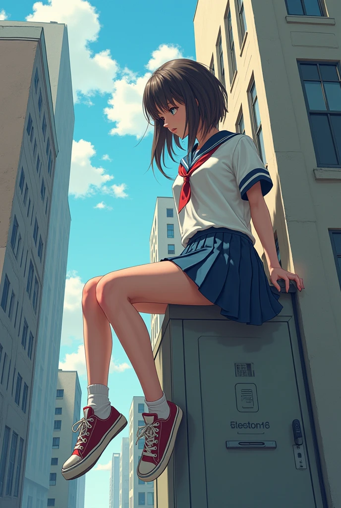 teenage girl, she is a giantess, she is wearing school uniform,
her vert short skirt is very tight, she is wearing sneakers, she is taller than buildings, long leg, she is looking down, she is sitting a building