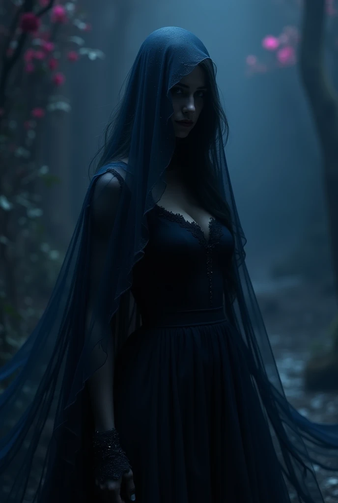 Dark shadow wich black dress and its background will be deep night dark and dark blue, her hair will flow over a site, deep blue, deep pink colour, her face and bodey will be covered with black cort, and her face will be covered with shadow.
