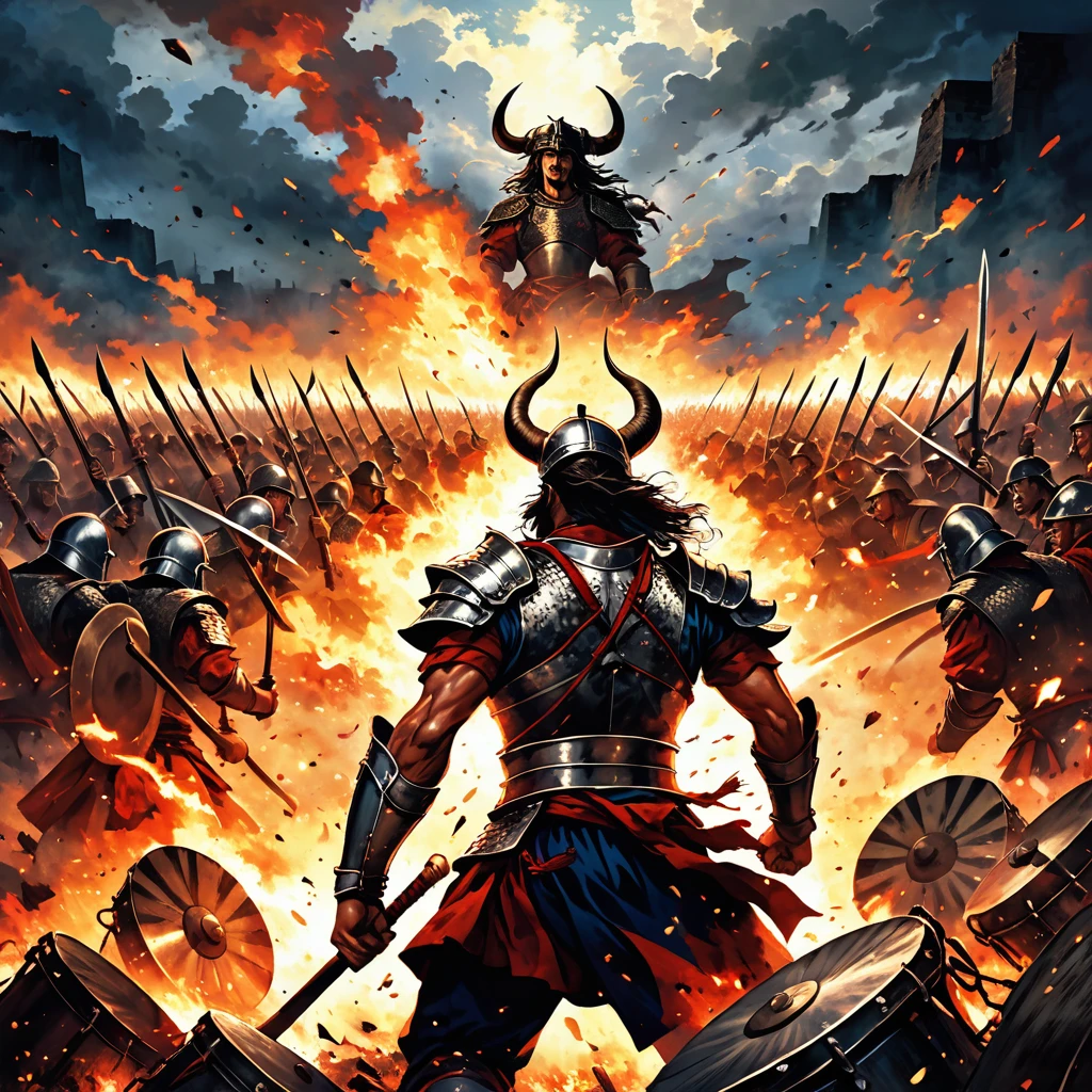 An epic battlefield scene with thunder rolling in the sky. The image captures warriors with determined expressions, holding their heads high, showing no doubt. The clash of armies is depicted with drums beating wildly and a horn calling, symbolizing the fate of the battle. The warriors, with iron wills, clash with steel meeting steel. The ground is vibrant with the struggle, emphasizing that none shall kneel. In the background, echoes of ancient might and burning candles symbolize the enduring spirit of the fighters. The scene embodies a sense of victory's dawn breaking today