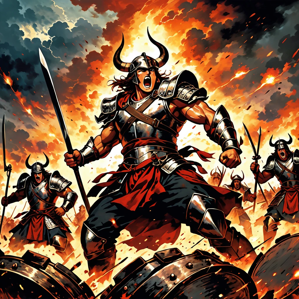 An epic battlefield scene with thunder rolling in the sky. The image captures warriors with determined expressions, holding their heads high, showing no doubt. The clash of armies is depicted with drums beating wildly and a horn calling, symbolizing the fate of the battle. The warriors, with iron wills, clash with steel meeting steel. The ground is vibrant with the struggle, emphasizing that none shall kneel. In the background, echoes of ancient might and burning candles symbolize the enduring spirit of the fighters. The scene embodies a sense of victory's dawn breaking today