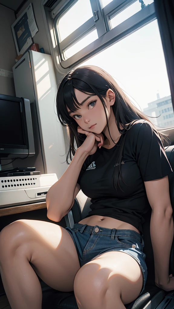 A young woman is sitting indoors. She is wearing sexy shorts. Her hips are big. The TV is on. Sunlight is shining through the window. It is evening.