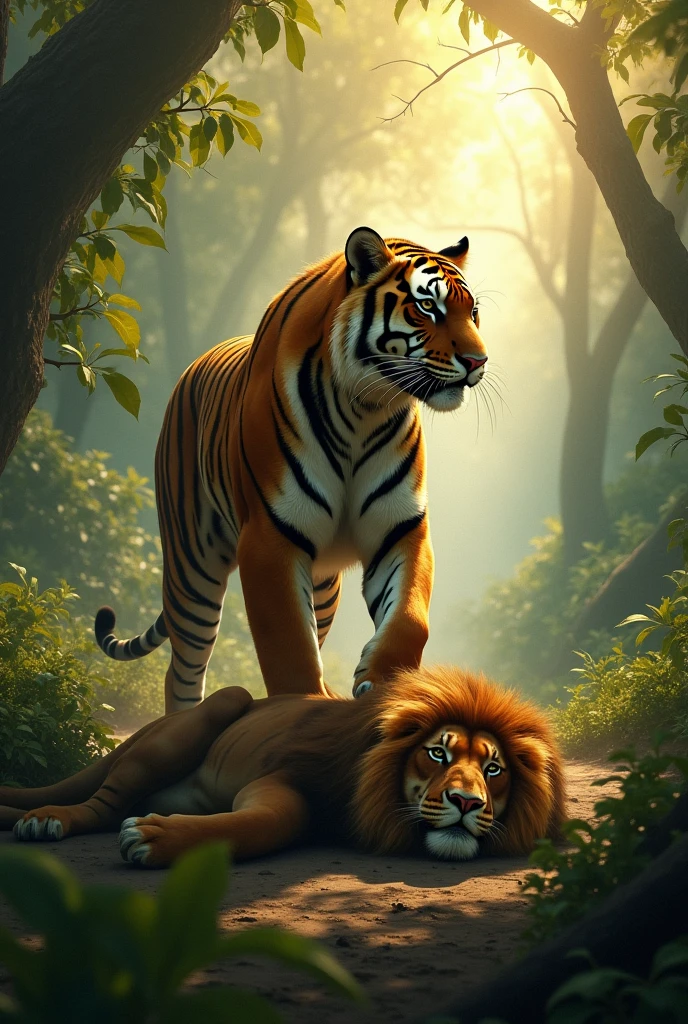 A dramatic scene in a lush, dense jungle at dawn where a powerful tiger emerges victorious over a lion. The tiger stands tall, muscles rippling, its eyes sharp and focused. The defeated lion lies on the ground, its mane disheveled, looking exhausted. The scene is highly detailed, with the sunlight piercing through the trees, casting shadows and highlighting the tiger’s dominance. The style should evoke the sense of realism mixed with a painterly touch.Lion lying on the ground.Render this scene in a realistic, hyperrealistic, or photorealistic style, reflecting the nuances of a professional photograph. Consider the aesthetics and intricate details of the scene, emphasizing beauty. Strive for a high-resolution depiction with a considerable amount of detail.