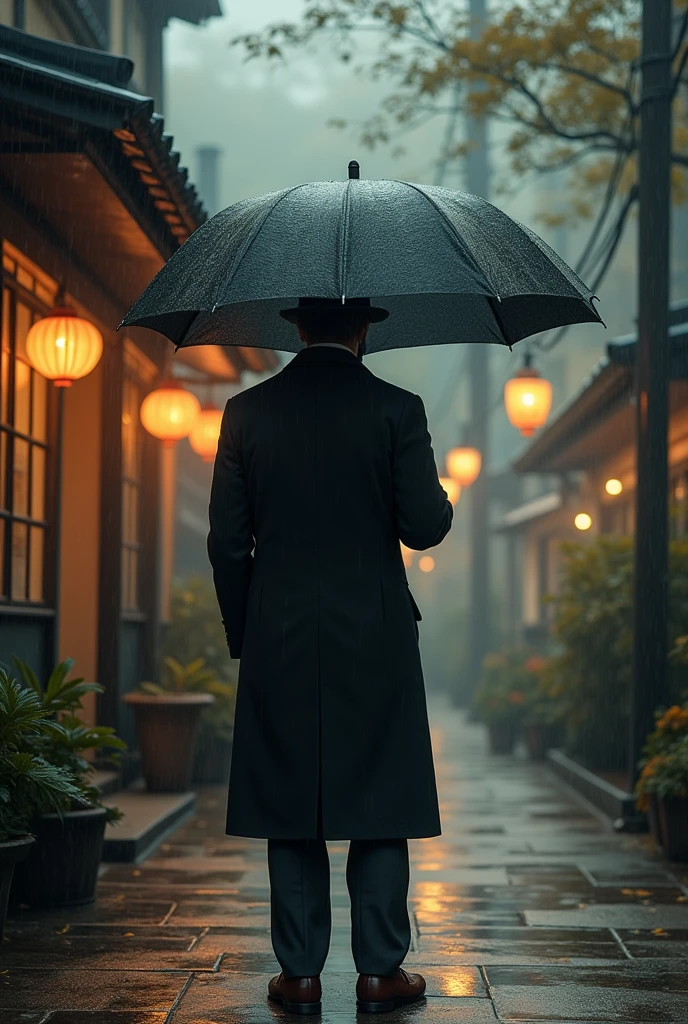 A man standing with an umbrella in front of tea shop