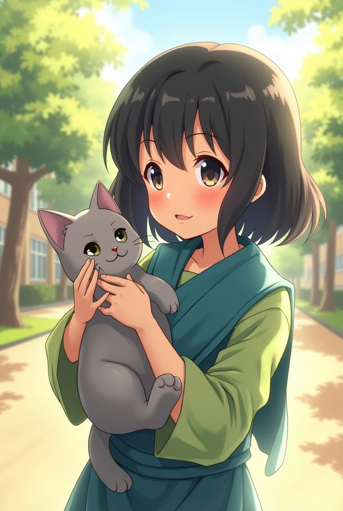 One sunny afternoon at school, There was a girl with black shoulder-length hair, wearing a green shirt and a blue sarong, holding a gray cat.
