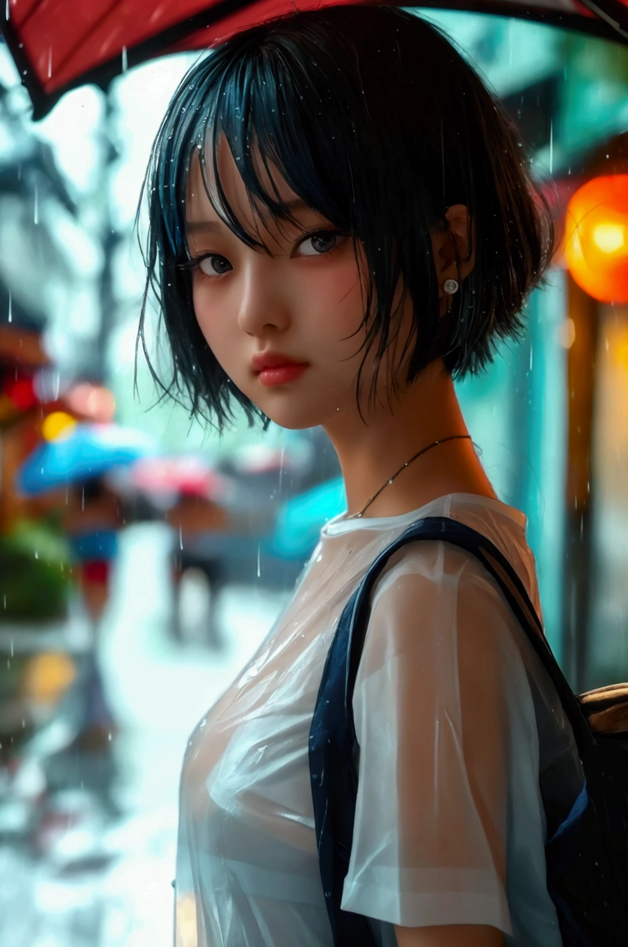 (8k, Photorealistic, Raw photo, Highest quality: 1.4),Japanese idol-style beautiful girl,1 person,,(Short Bob),(Black),She has her hair tucked behind her ears,Clear grey eyes,Eyes moist,Long eyelashes,(piercings(small)),(Lip gloss),lips(Plump,glossy),Skin that is as white and smooth as translucent porcelain,Thin and delicate shoulders,thin abdomen,(blouse(White,Short sleeve)),(Pleated skirt(Plaid)),(socks(Dark blue)),(loafers),summer,On the way home from school,Sudden rain,Soaked from head to toe,My shirt is wet and transparent,On the way home from school,Rain shelter under the eaves,Looking out at the rainy street,(Front view from across the street from her),(Full body snapshot: 1.4)