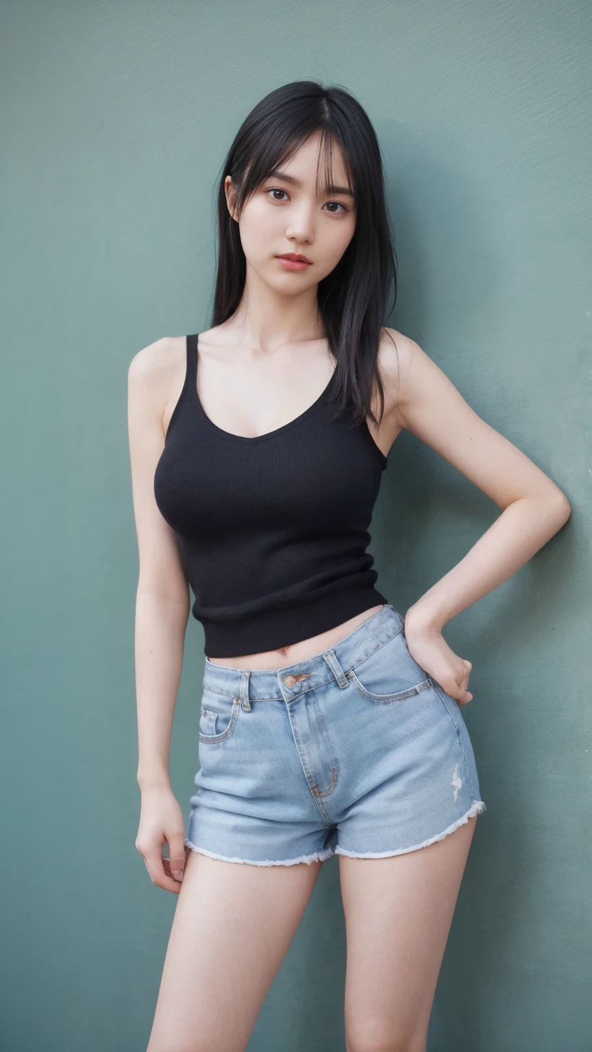 ((1girl)), woman, masterpiece, best quality, highest quality, cinematic lighting, (volumetric lighting), extremely detailed CG unity 8k wallpaper, focused, 8k wallpaper, extremely detailed, ultra realistic, photorealistic, sharp focus, absurdres, (HDR:1.2), (high contrast), photograph, detailed and intricate, instagram, portrait, highly detailed, digital painting, artstation, concept art, smooth, sharp focus, illustration, cinematic lighting, (big breast:1.3), (((skinny, slim legs))), (japanese idol posture), (knit strap tanktop, short pants, cleavage), looking at the viewer, (I don't see arms)), ((Standing)), ((Medium body shot, hip level shot)), long hair, ((leaning on a wall)), beautiful eyes.