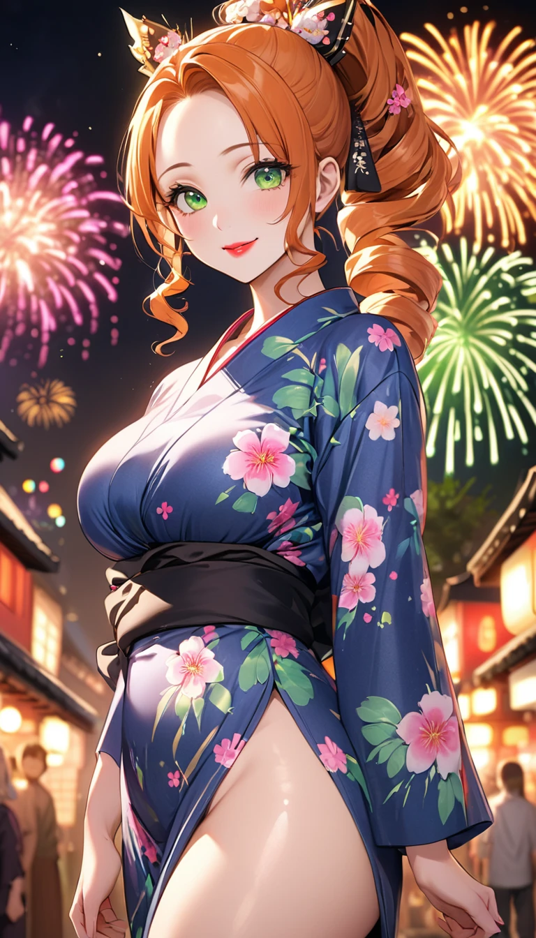 (Highest quality,4K,8k,High resolution,masterpiece:1.2),Very detailed,32-year-old woman、(((Mature Woman))), (((Mature Woman))), 独奏, Large Breasts, Beautiful Eyes、Orange Hair、Moss green eyes、Red lips, ((ponytail)), (Drill Hair), ((forehead)), Very cute face, Glossy Lips, Double eyelids on both eyes,Natural smile、Tight waist、Sexy ass、Natural Makeup, Long eyelashes, Shiny and smooth hair、Japanese yukata costume、Flower Hair Ornaments、night、Fireworks display、Colorful fireworks、cowboy shot, from the front、Shallow depth of field