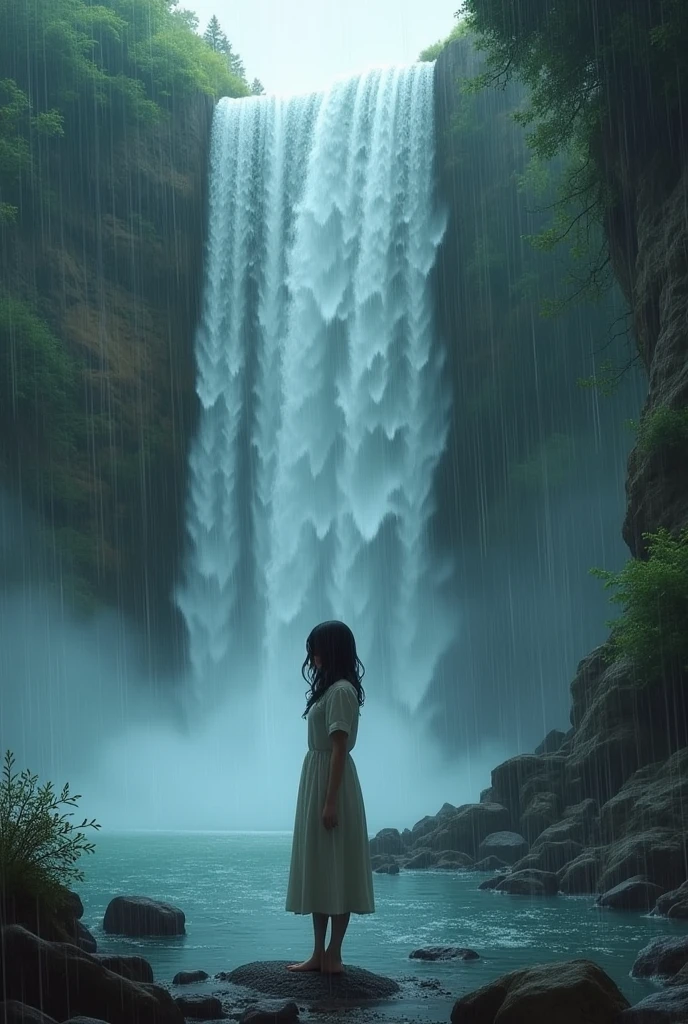 A girl is in sad mood, standing in rain near by waterfalls