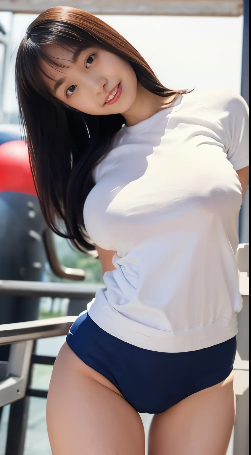 alone、high school girl、White skin、Natural Makeup、Black Hair、bangs、Straight Long Hair、(((White short-sleeved T-shirt on the upper body)))、(((Long white gym clothes)))、(((Very tight bloomers)))、(((Mid rise bloomers)))、(((Navy Bloomers)))、(((Tuck the bottom of your gym clothes into your bloomers)))、((Big Breasts))、Big Ass、(((Schoolyard)))、(((Realistic fingers)))、(((Realistic style)))、((Perfect figure))、(((upright)))
