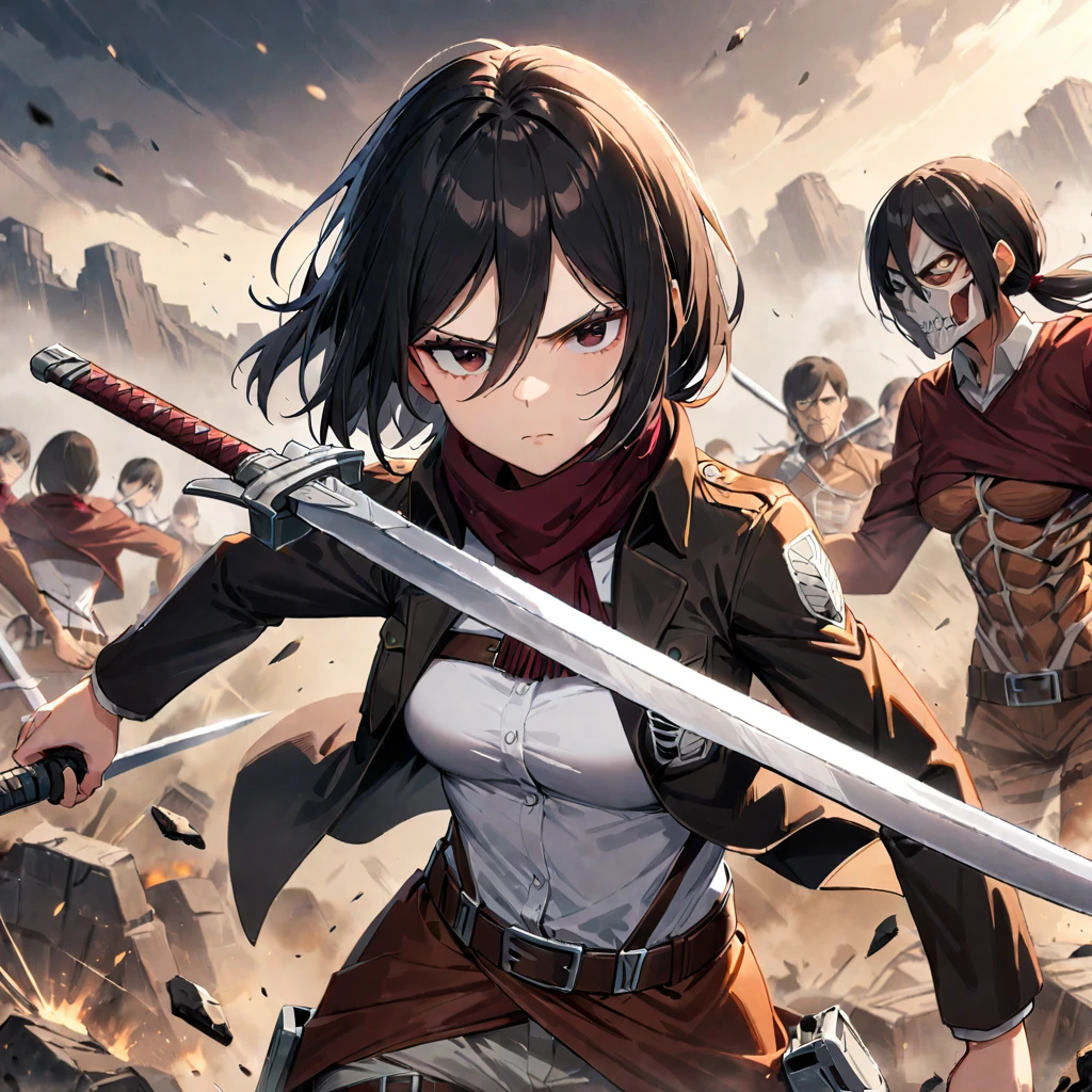 1girl, Mikasa Ackerman, Attack on Titan, protagonist, determined, brown hair in two ponytails, black jacket, belt, a sword, in a battlefield, masterpiece, best quality, very aesthetic, absurdres, ((medium quality)), ((medium quality))