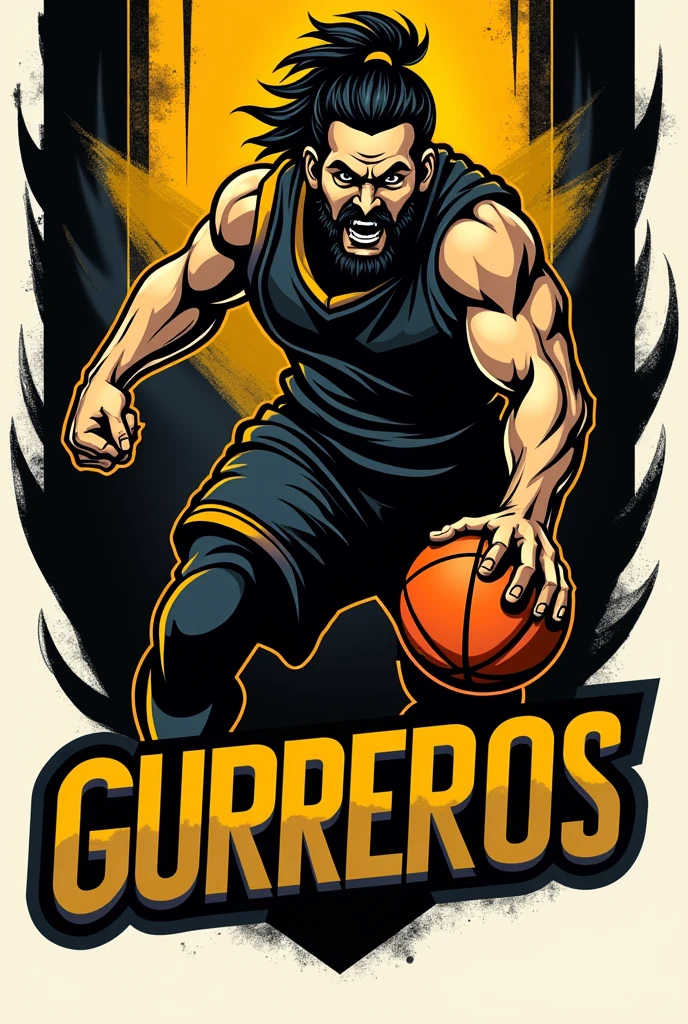 Basketball team logo, team name warriors, black and gold color WRITE THE TEAM NAME IN SPANISH.