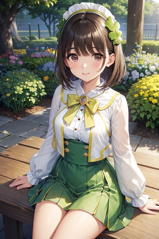 anegasaki nene、Shiny brown hair, short hair, (Beautiful brown eyes、Sparkling eyes, Fine grain)、smile、Ultra-detailed eyes、Very detailed顔, Very detailed目,
(masterpiece))), (((Highest quality))), ((Very detailed)), (figure), ((Georgie Gerard)) (Detailed light),((Very delicate and beautiful)),
smile, Sitting, (Wearing yellow-green dwarf clothing), (Shamrock Garden),Asanagi