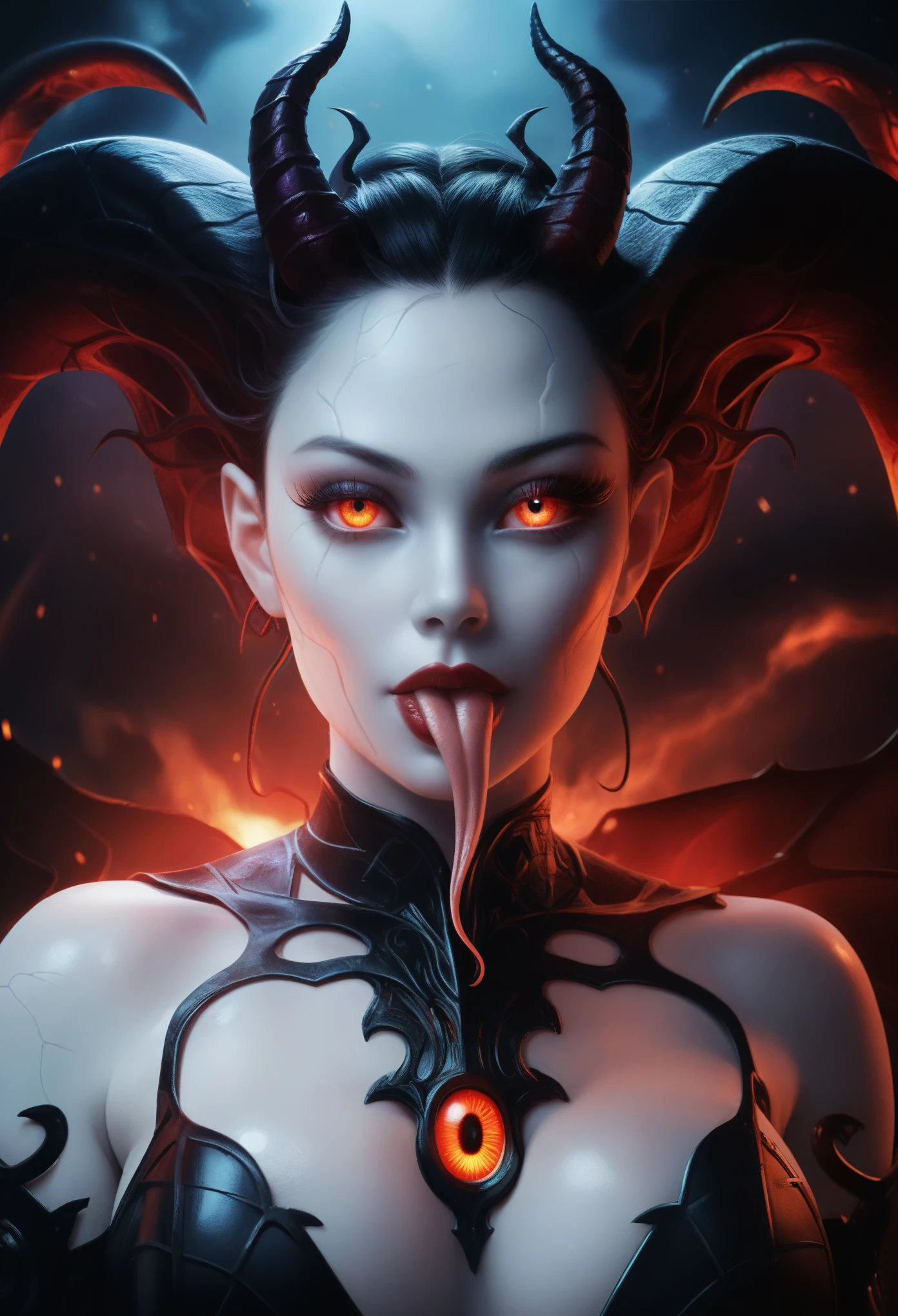 1 beautiful female demon, A scene from a science horror fiction movie, beautiful detailed eyes, (A third eye on the forehead:1.5), beautiful detailed red lips, extremely detailed face and eyes, long eyelashes, long tongue like a snake, intricate insect-like features, glowing compound eyes, scythe-like forelimbs, alien carapace, vibrant colors, futuristic sci-fi environment, neon lights, glowing energy field, complex technological architecture, dramatic lighting, cinematic atmosphere, award winning digital art, hyper realistic, 8k, high quality, masterpiece, Bioluminescence, Translucent skin, thespiritde, white skin, (pale skin with veins visible through it:1.6), Satan's daughter, cinematic lighting, black hair