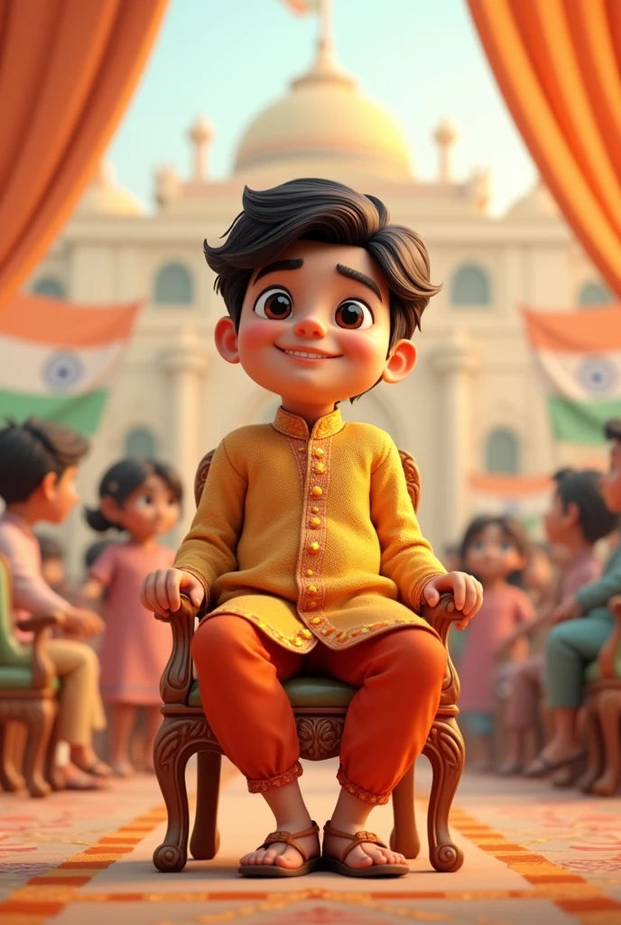 Create a 3D illustration of an animated character of a cute 20 year old boy sitting casually on top of a chair and he enjoyed Republic Day The background of the character is mockup of his Republic Day.The character must wear Indian festival clothes and show text Happy Republic Day