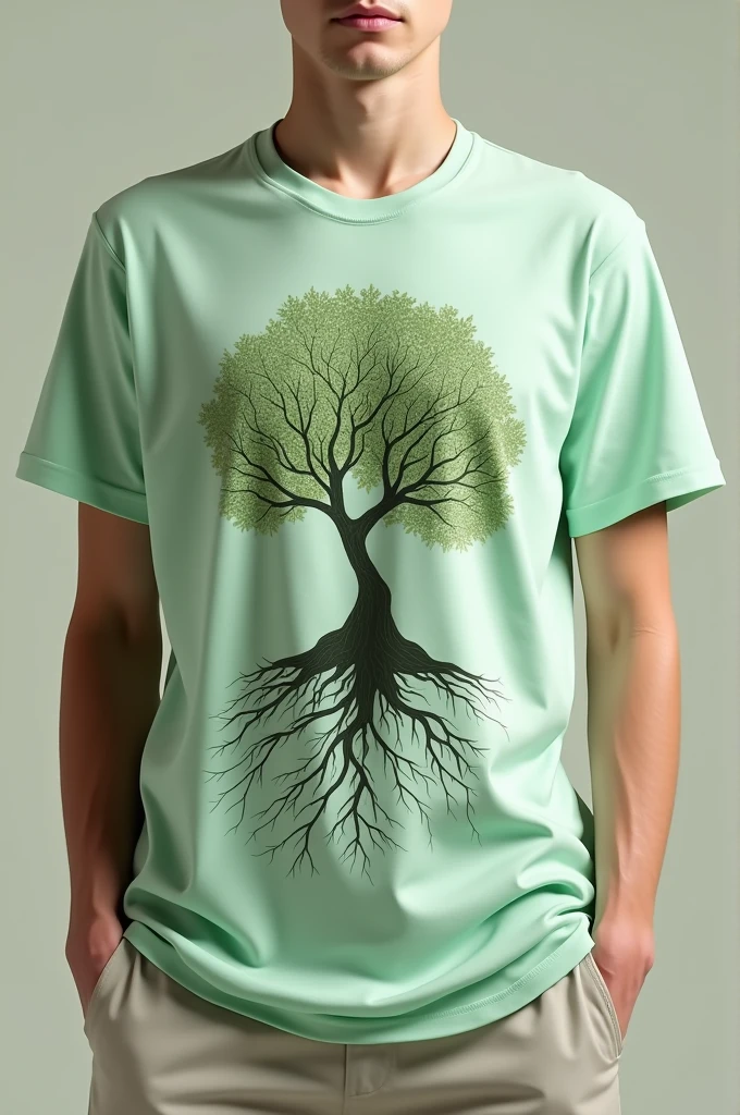 sleeve shirt, light green with a tree and root 