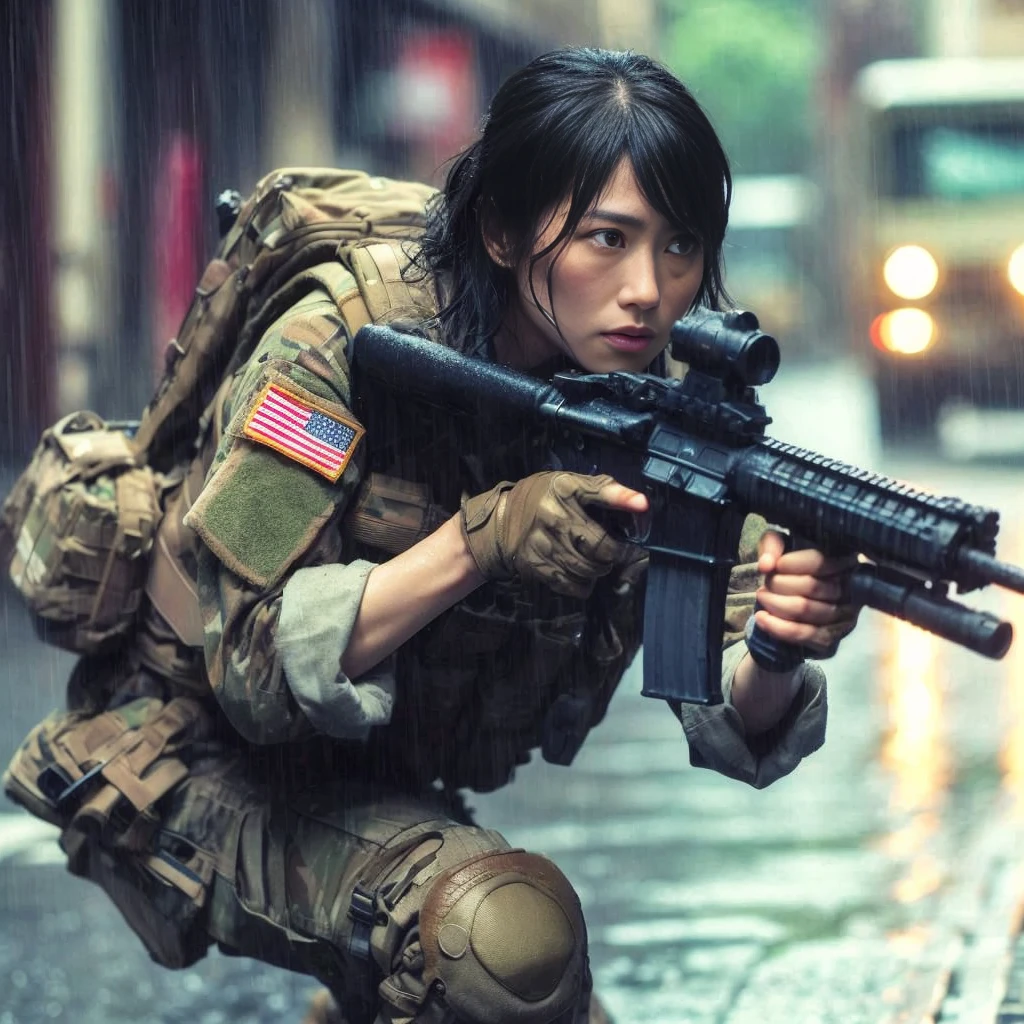 8k,Realistic Photo、Realistic Skin Texture、Superrealism、Japanese women in the U.S. military、Tattoo、Beauty、American cityscape、Jump from the roof of an old building to the roof of the next building、Automatic rifle、Heavy equipment、after the rain、Covered in scars、It is dirty、muscle、The background is out of focus、While avoiding gunfire、Desperate look、Dramatic composition、action、Fierce Battle、Ace