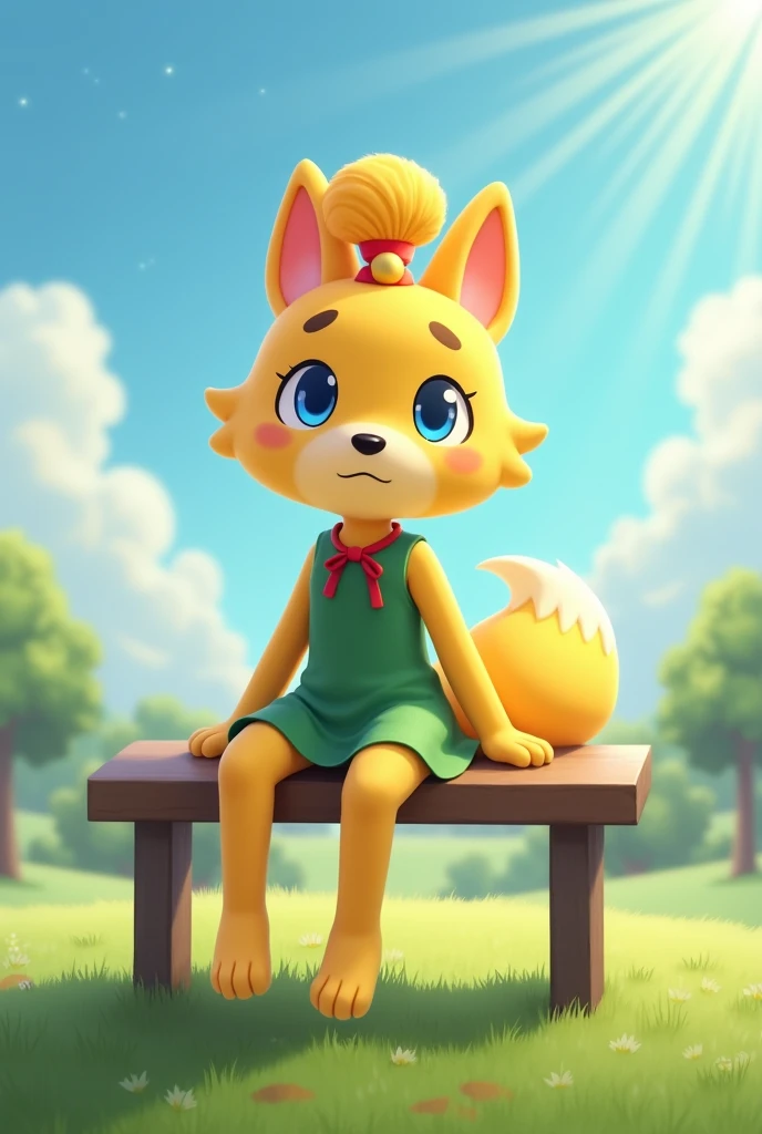 [isaCrossing], [Isabelle], [Animal Crossing], [Uploaded to e621.net; (Pixelsketcher), (wamudraws)], ((masterpiece)), ((HD)), ((high res)), ((solo portrait)), ((front view)), ((ass focus)), ((feet visible)), ((furry; anthro)), ((detailed fur)), ((detailed shading)), ((beautiful render art)), {anthro; (slim figure), yellow fur, black nose, (cute blue eyes), (blonde hair), (bells in hair), topknot, fluffy tail, (sharp black claws), (curvy hips), (beautiful legs), (beautiful feet), (blushing), (cute smirk)}, (nervous expression)}, {(red ribbon in hair), (short green flowy dress)}, {(sitting on bench), (nervous demeanor), looking at viewer)}, [background; (park), (grass plains), (beaten path), (blue sky), (sun rays), (ambient lighting) (socks on) (soles at viewer) (big feet) (4 toes) (human feet) (smelling own feet)]