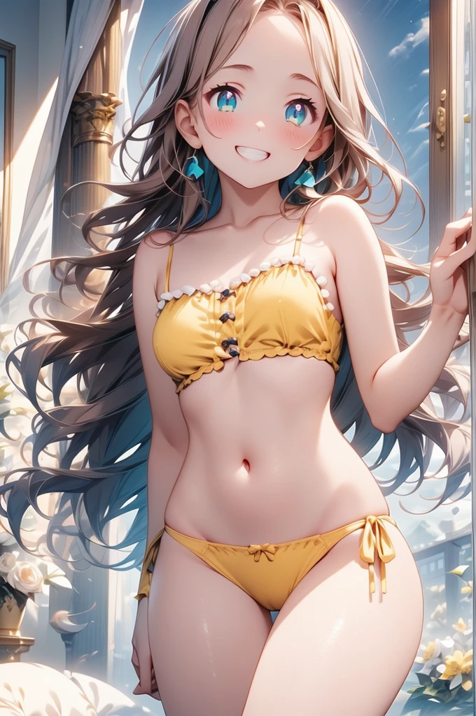 A beautiful girl in camisole sexy panties, anime girl, housewife, inside the room, inside the house, a window nearby, big rounds breasts, (yellow camisole, turquoise flowered panties), dark brown hair, long bangs, long hair, wavy hair, expressive hair, shiny hair, hairclip, aqua eyes, (gradient eyes:1.3), glowing eyes, pupils sparkling, blush, bright pupils, grin, glossy lips, open mouth, (grin:1.3), forehead, cute face, finger to mouth, anime, high detail, anime style, depth of field, dithering, chiaroscuro, image fill, three sided view, panorama, perspective, photography, lens flare, Wide-Angle, f/1.8, 85mm, Nikon, 40k, super detail, UHD, retina, masterpiece, accurate, anatomically correct, textured skin, highres, best quality