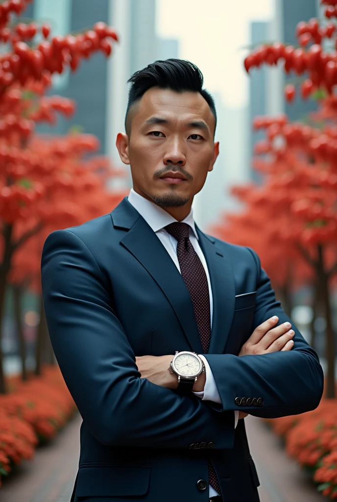Asian man, 35 years old, short mohawk style hair., ใส่suitสีน้ำเงิน ใส่suitสีน้ำเงินเข้มเน็คไทสีดำสีแดงมองตรงมาที่กล้องอย่างตั้งใจ ,((suit)), (handsome, sharp) , park, Detailed background, Modern cities, 16k photos, Shot with the highest quality, most modern Fuji camera 45,000,000 Chili peppers with light cells are too beautiful to be true.,