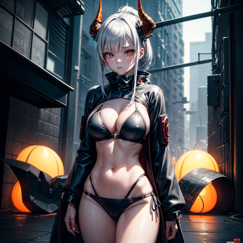 Score_9, score_8_up, score_7_up, (sketch), (mysterious mood), 1girl, beautiful young woman, side soft light,, highly detailed, masterpiece, fine skin, Hong Kong style woman with rotten horn ghost mask and vintage Delicate old high neck cyberpunk samurai bikini, translucent amber horns, glowing silver hair, big breasts, cleavage, navel, surrounded by cyberpunk Japanese streets, dark color, (surreal, large depth of field, color, 3D octane rendering, 4k trends, concept art, B0ld01lp41nt, dark theme, charcoal (medium), photo_b00ster
