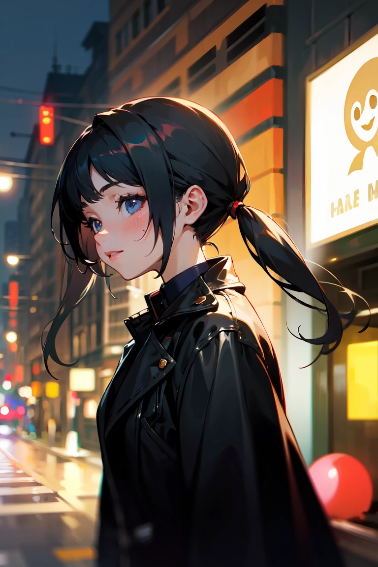 (masterpiece, best quality:1.3), highly detailed, from side, 1girl, black hair, low twintail, black eyes, smiley, gray lipsticks, black leather coat, night street background, soft focus, bokeh, absurdres