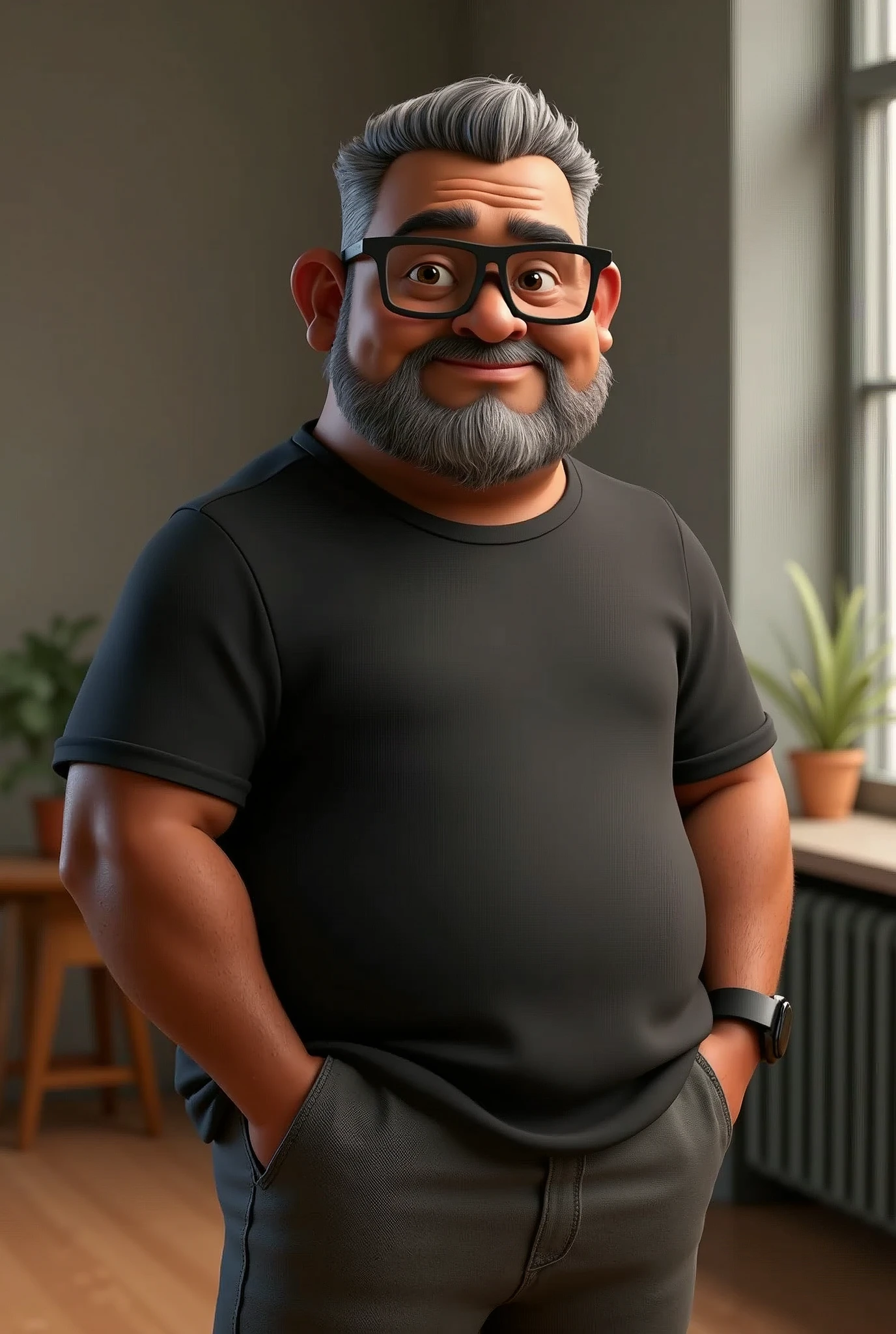 Create a stylized 3D cartoon character of a middle-aged black man with very short hair, wearing modern black glasses. The character should have a broad build but without a belly or muscular physique, and a friendly expression, but not smiling. His skin tone is dark brown with a warm undertone. The man has only two prominent vertical wrinkles on his forehead between his eyebrows. His beard is trimmed and sparse, with more white hairs on the chin and the rest being dark gray. His hair is gray, extremely short on top, styled to the right side, and shaved on the sides. The man has hairy arms and does not wear any accessories or jewelry, except for a black smartwatch. He is looking directly at the camera, not cross-eyed, and not smiling. The man is dressed in an oversized black t-shirt and dark gray pants without a belt. The character should be rendered in a stylized, animation-style, with a Pixar-like quality, using Arnold Maya render or toon Keyshot render. The rendering should be high quality, with cinematic lighting, sharp focus, detailed textures, detailed skin, clay-like finish, and bokeh effects in 8K resolution.