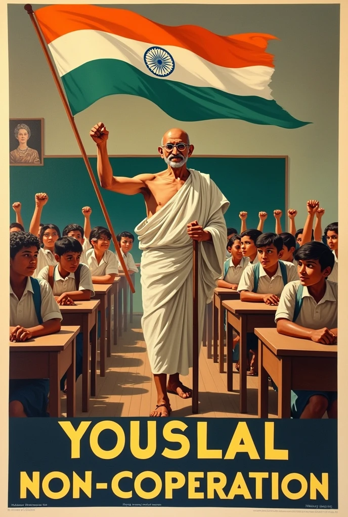 The year is 1921. You are a student in a government-controlled school. Design a poster urging school students to answer Gandhiji's call to join the Non-Cooperation Movement.