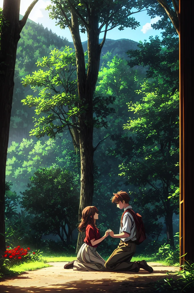 Digital illustration in an anime style, depicting a serene and emotional scene set in a lush forest. The layout is vertical, with the background featuring tall trees and dappled sunlight filtering through the canopy, creating a warm and inviting atmosphere. The foreground shows two characters, a boy and a girl, in a moment of tender interaction. The boy, with short brown hair and wearing a red shirt and shorts, is kneeling on one knee, holding the girl's hand. The girl, with long brown hair and wearing a white blouse and a grey skirt, stands facing him. Both characters have fair skin and are depicted with expressive facial features typical of anime art, including large, detailed eyes. The ground is wet, reflecting the light and adding to the tranquil mood of the scene. Red flowers and green foliage frame the characters, enhancing the natural beauty of the setting. 4k, ultra HD, High quality, best quality,