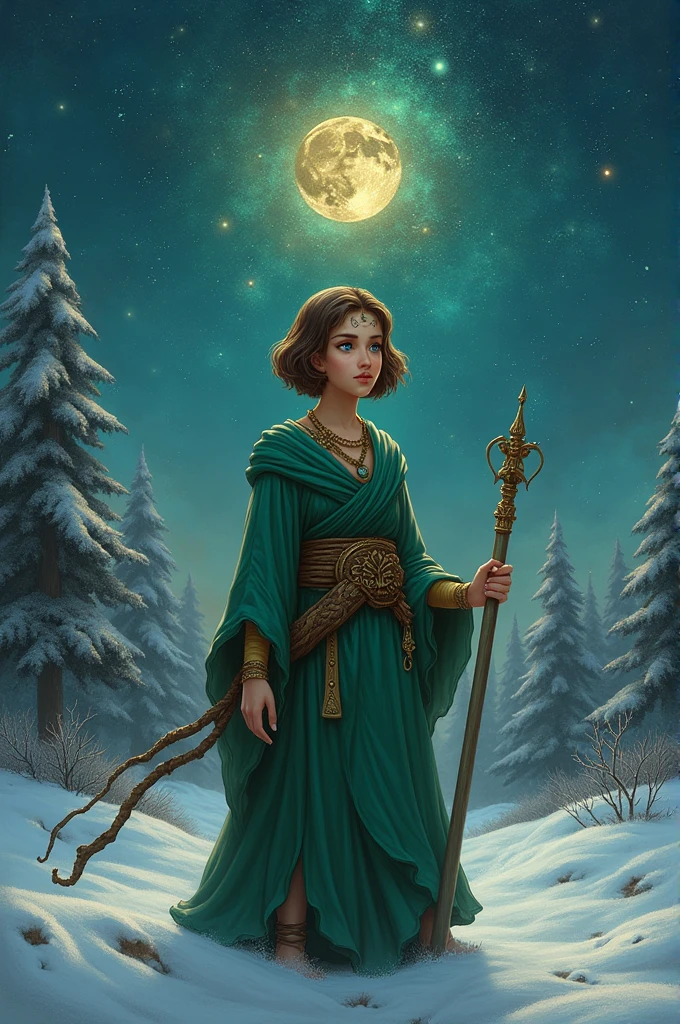 A 17 year old girl, the starry heaven above her, a frozen forest behind her. She wears traditional green clothing, very humble and plain, but bronze jewelry. Her hair is short and brown. One eye is blue, one eye is brown. She has a green, wooden staff. She is the symbol of wood, metal, fire, water, earth. 