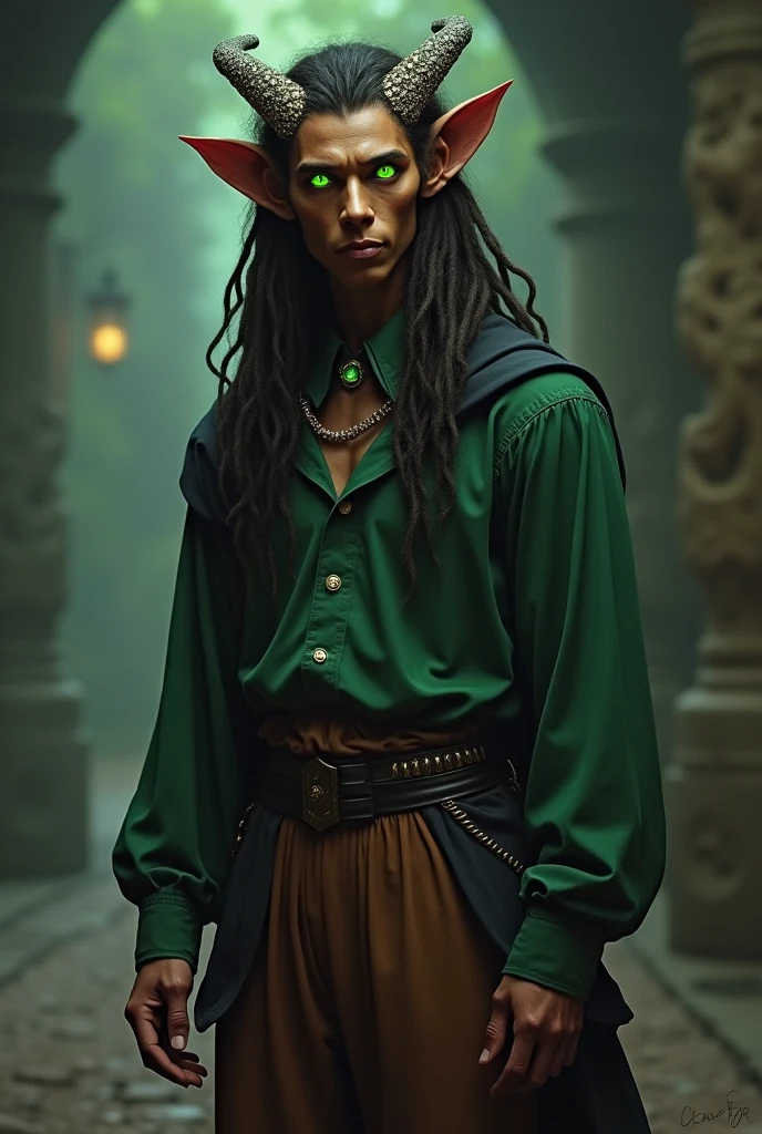 Male alf
brown skin
Glowing green eyes
Dark brown dreadlocks
pointed ears with many jewels
smooth skin
A bit pointed face
Slim and slightly muscular
brown wide pants 
A simple green shirt 
A black hood
6.3 fut tall