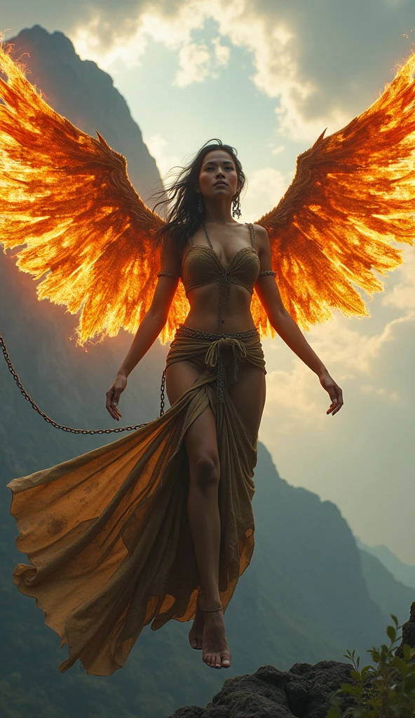 Naked, nude, topless, A woman wearing a shawl made of iron, big and sexy breasts, super sexy, beautiful, with wings made of fire, holding a sword, wearing a white skirt of very long chains dull rust, chains, above the sky, flying over the mountains, hovering, with a shooting angle from the front, very realistic, sci-fi fantasy, cenematic, (complex detail: 0. 9), (hdr, hyperdetail: 1.2), RAW, Sony Alpha a9 II, 24-105mm f/4, HDR, indonesian woman