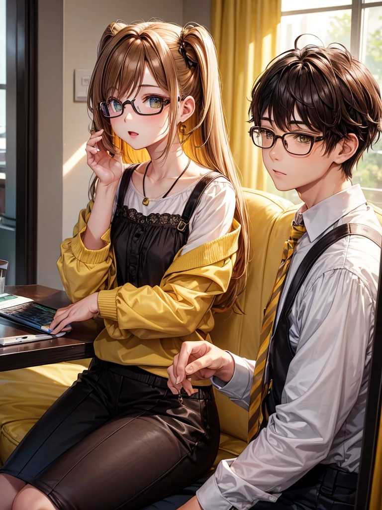Boy and Girl, Boy Brown hair and eyeglasses, Girl Yellow hair