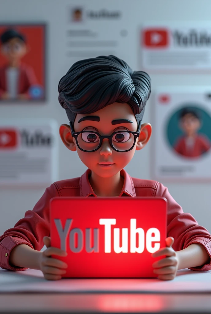Create a 3D illustration featuring a realistic -yeld beiful Indian realistic boy busy Developing software in front of a 3D logo of “YouTube” The boy wearing Red & white casual Shirts, with glasses , Undercut hair style, The background of the image should showcase a social media profile page and the username “Niladri Art” and a matching profile picture and modify it according to your perspective.