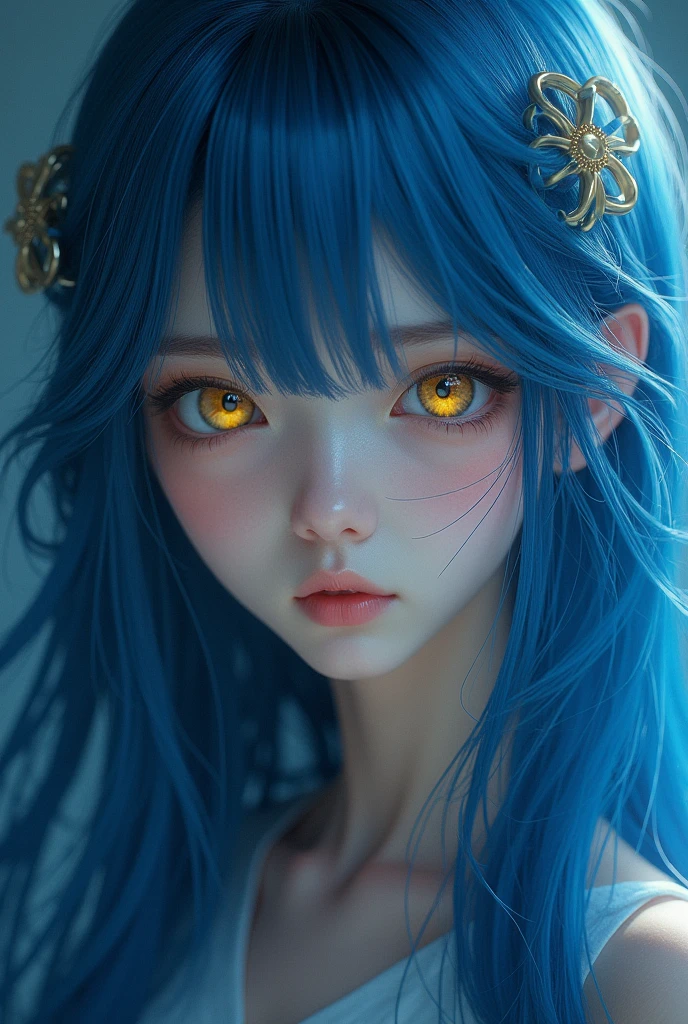 A beautiful detailed portrait of Ai Ohto, a girl with long blue hair and blue eyes, intense yellow eyes, looking directly at the camera, realistic, photorealistic, 8k, high resolution, masterpiece, cinematic lighting, intricate details, vivid colors, exquisite, elegant, atmospheric, fantasy, dramatic