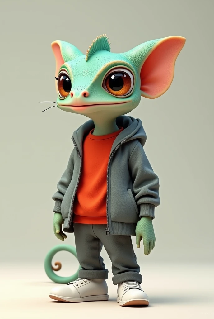 Animated baby chameleon in grey jacket red t-shirt, gray pants and white shoes
other