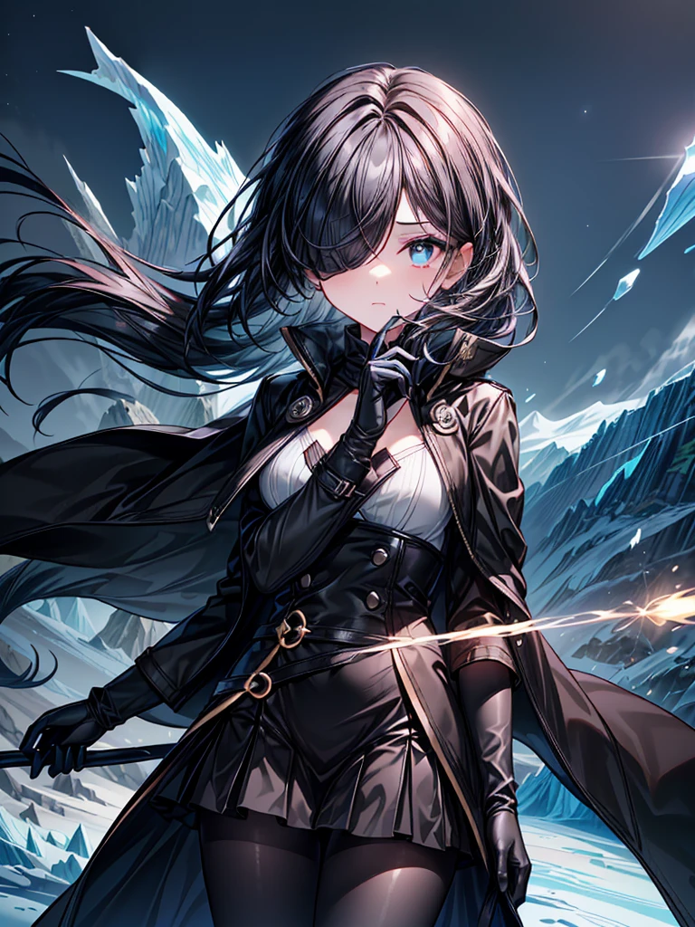 ((spell casting)),(((Celestial Glacier))),((masterpiece)),((light particles)),((black micro mini length skirt),((alone)),(Serene),((Deep blue pupils)),((sparkling eyes)),(Beautiful Blue Eyes),((Wearing a black coat)),(((Wearing black tights))),(Slim body),((length, Shiny black hair)),((Her left eye is completely hidden by her bangs)),((Her hair is parted, and you can see her eyes through it)),((Wearing black gloves)),((hair over one eye,long hair)),((Hair blowing in the wind)