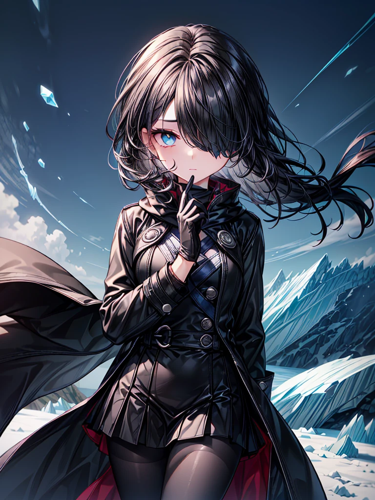 ((spell casting)),(((Celestial Glacier))),((masterpiece)),((light particles)),((black micro mini length skirt),((alone)),(Serene),((Deep blue pupils)),((sparkling eyes)),(Beautiful Blue Eyes),((Wearing a black coat)),(((Wearing black tights))),(Slim body),((length, Shiny black hair)),((Her left eye is completely hidden by her bangs)),((Her hair is parted, and you can see her eyes through it)),((Wearing black gloves)),((hair over one eye,long hair)),((Hair blowing in the wind)