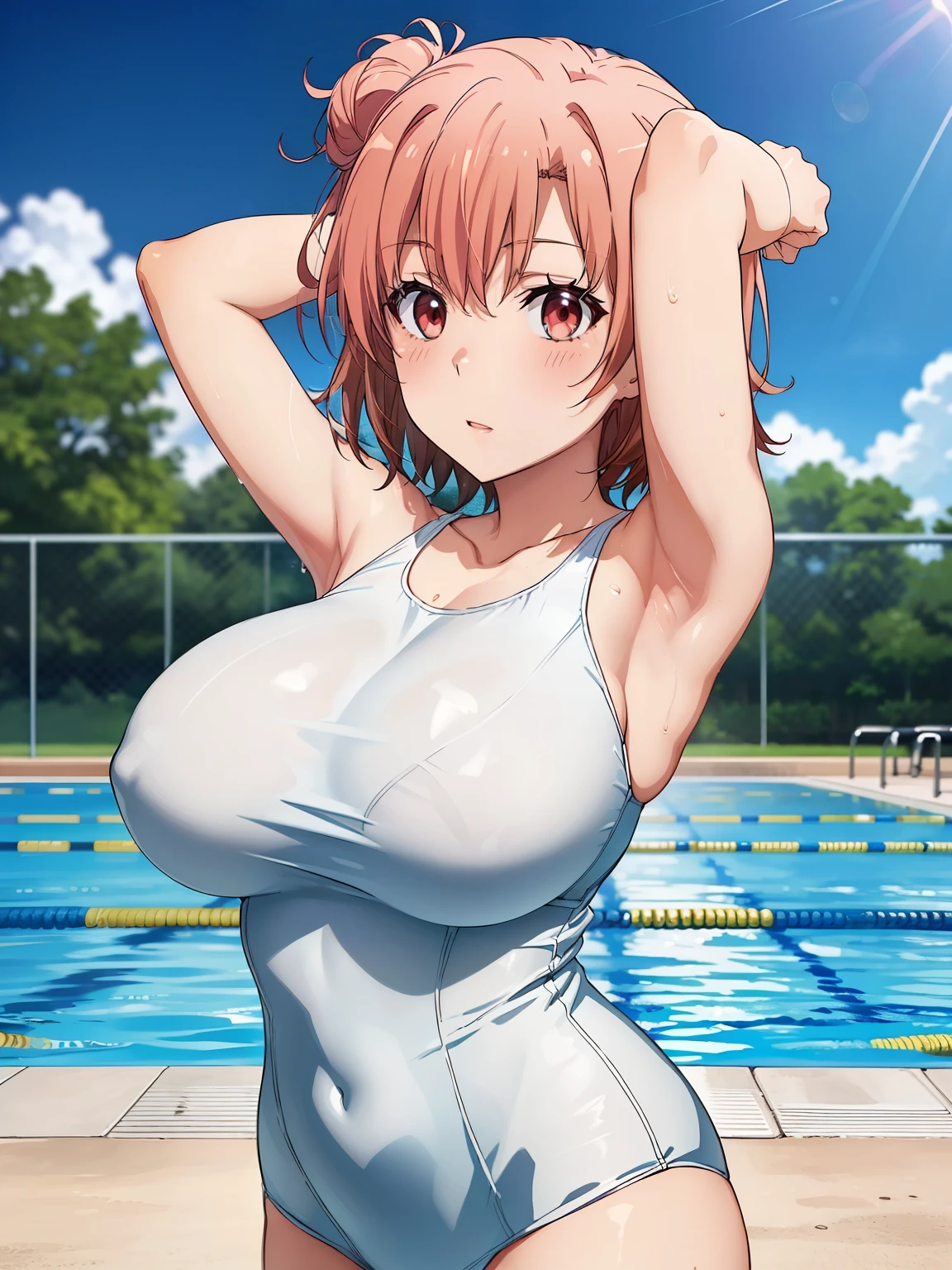 ((Highest quality, High resolution,  Perfect Pixel,  4K)),  (Beautiful Anime), Depth of written boundary、
Watching the audience, 
Perfect body, 

 yuigahama yui, (Big Breasts:1.5)、 Red eyes、 short hair, 

(blush:1.1)、Cross your arms、

School Swimsuit、(White swimsuit:1.4)、
School swimming pool、Outdoor swimming pool、