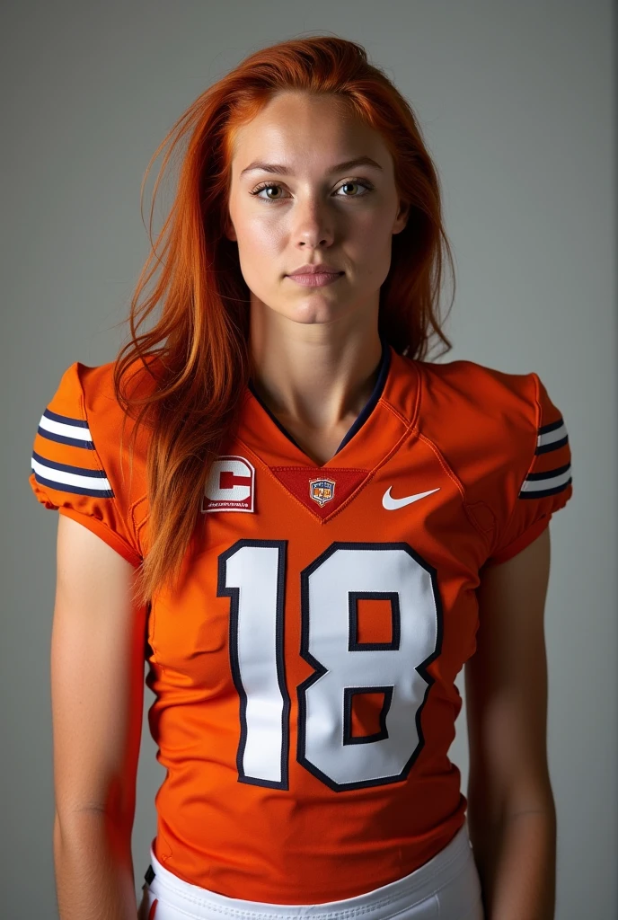 A photo of Jenna Jackson, a wide receiver for the female Oklahoma State Cowboys football team. Number 18. Auburn hair.