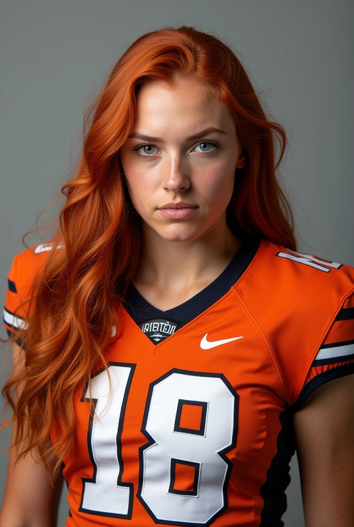 A photo of Jenna Jackson, a wide receiver for the female Oklahoma State Cowboys football team. Number 18. Auburn hair.