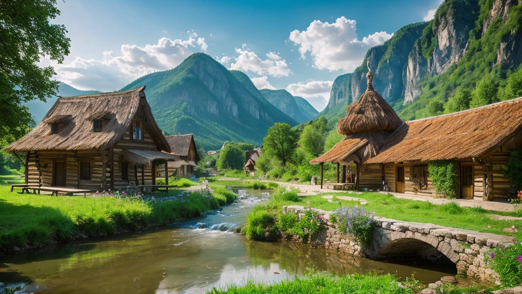 Hungarian ancient village, mystical nature, Rivers, Mountains and forests, waterfall, cloud, Photorealistic photos, It's not 8k. Aerial view.