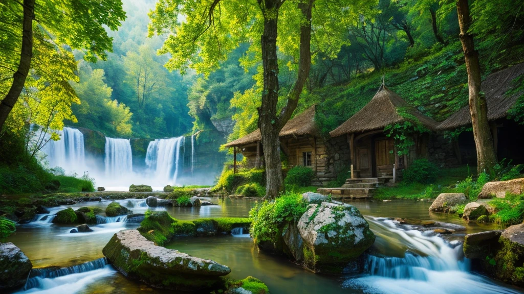Hungarian ancient village, mystical nature, Rivers, Mountains and forests, waterfall, cloud, Photorealistic photos, It's not 8k. Aerial view.