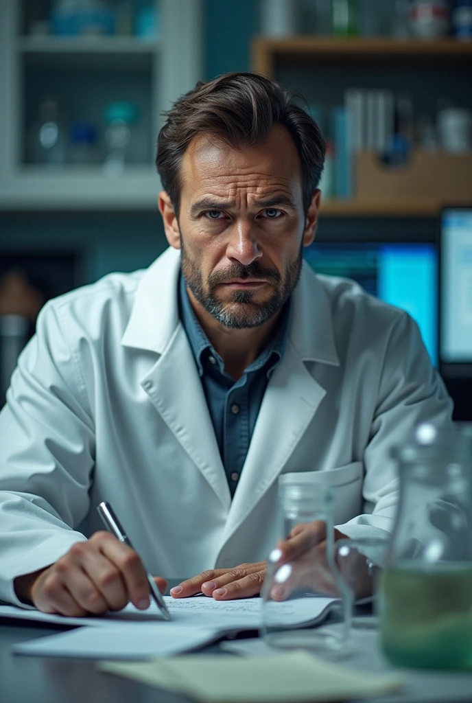 A scientist in a lab, looking frustrated and disappointed with quackery.