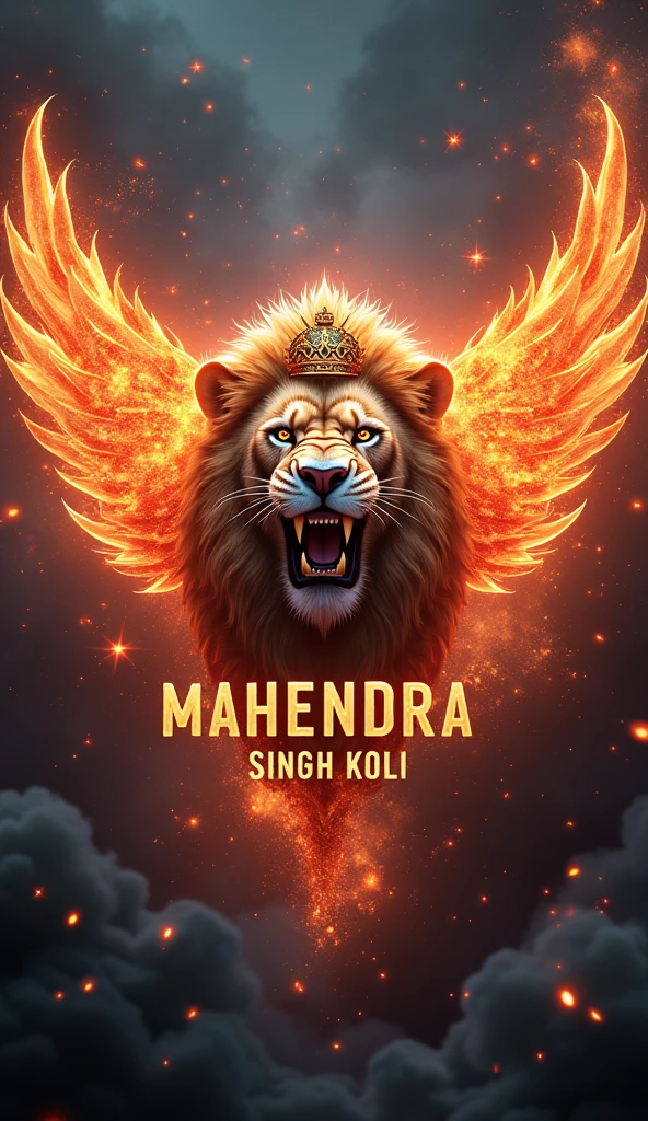The name “MAHENDRA SINGH KOLI”with fire and long wings , smoke, and fire stars IN DIFFERENT SHADES OF black and a lion’s head on golden taaj, typography, 3d rendering, photography, architecture, photo, fashion, vibrant, cinematic, 3d render, poster